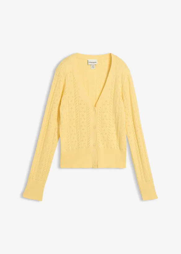 Ajour-Strickjacke mit Seidenanteil in gelb von vorne - bonprix