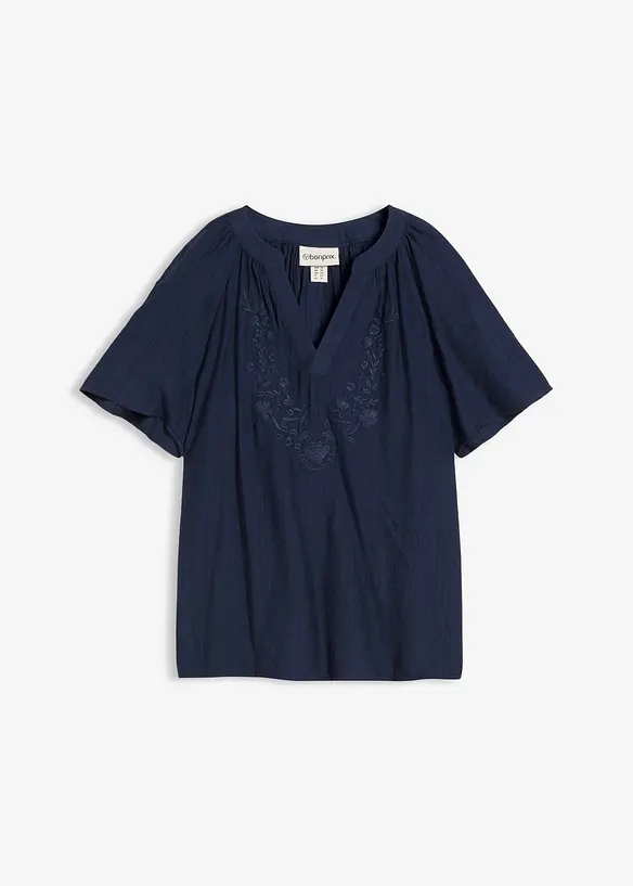 Kurzarmbluse aus strukturiertem Crinkle in blau von vorne - bonprix