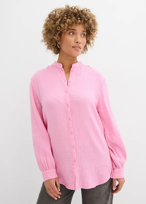 Musselin-Longbluse aus reiner Baumwolle in rosa von vorne (im Anschnitt) - bonprix