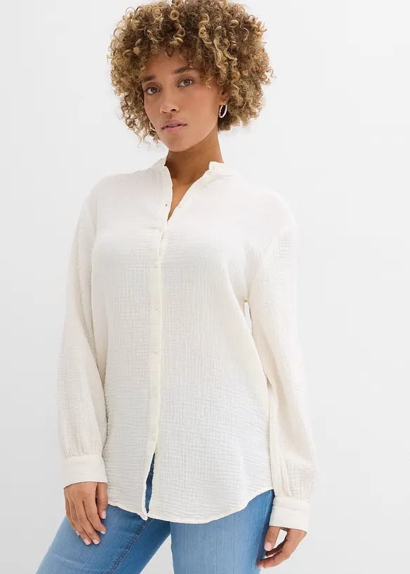 Musselin-Longbluse aus reiner Baumwolle in weiß von vorne (im Anschnitt) - bonprix