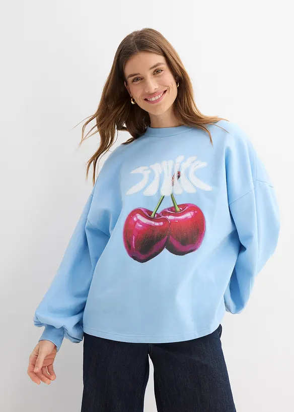 Oversize-Sweatshirt aus reiner Bio-Baumwolle in blau von vorne (im Anschnitt) - bonprix