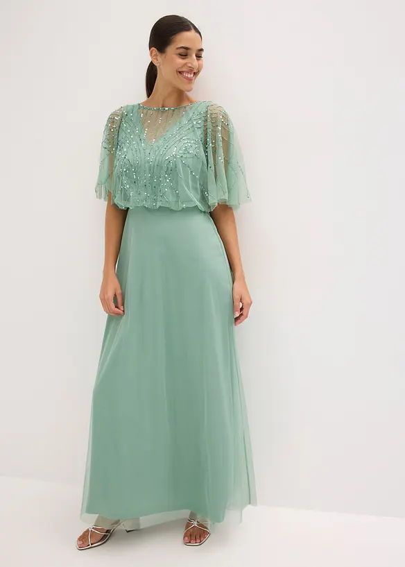 Maxikleid aus feinem Tüll mit Paillettenstickerei in grün von vorne (Totalaufnahme) - bonprix Maxikleid aus feinem Tüll mit Paillettenstickerei in grün von vorne (Totalaufnahme) - bonprix
