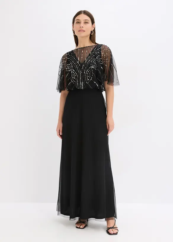 Maxikleid aus feinem Tüll mit Paillettenstickerei in schwarz von vorne (Totalaufnahme) - bonprix Maxikleid aus feinem Tüll mit Paillettenstickerei in schwarz von vorne (Totalaufnahme) - bonprix