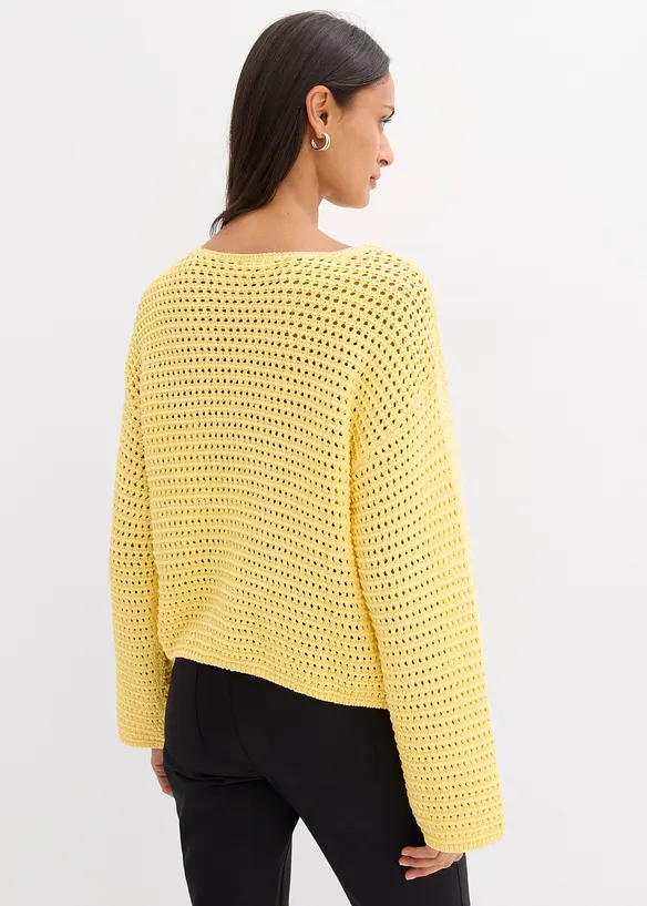 Boxy Ajour-Pullover aus reiner Baumwolle in gelb von hinten (im Anschnitt) - bonprix