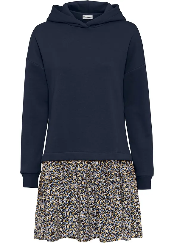 Sweatkleid in 2-in-1 Optik in blau von vorne - bonprix