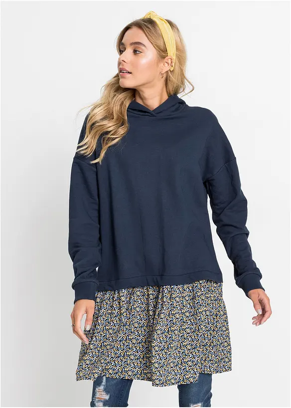 Sweatkleid in 2-in-1 Optik in blau von vorne (Totalaufnahme) - bonprix