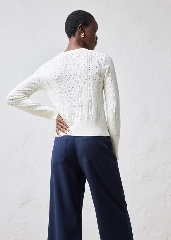 Ajour-Strickjacke mit Seidenanteil in weiß von hinten (im Anschnitt) - bonprix