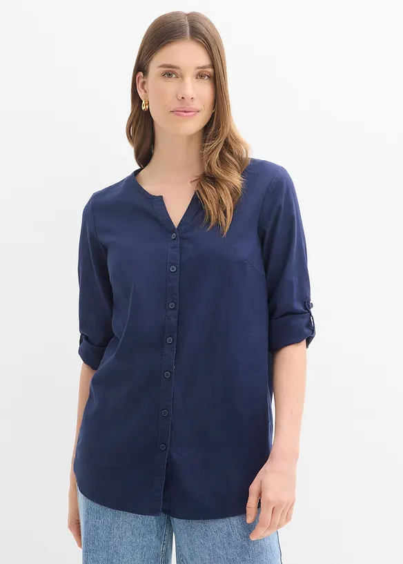 3/4-Arm Bluse aus Leinen-Baumwoll-Mix in blau von vorne (im Anschnitt) - bonprix