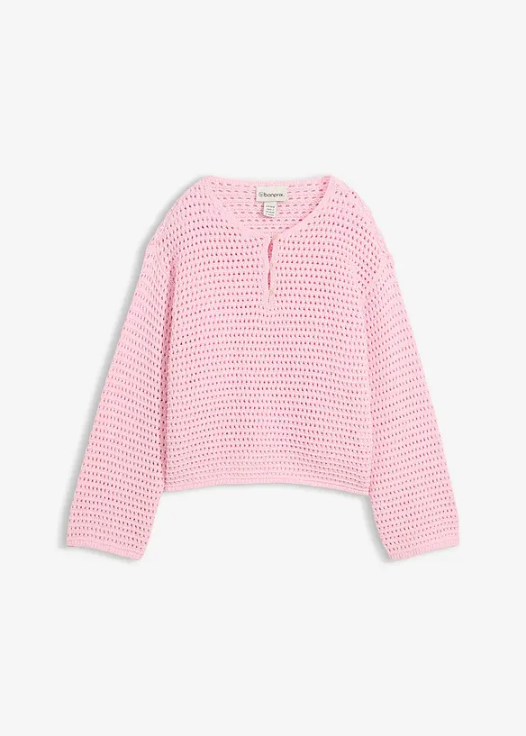 Boxy Ajour-Pullover aus reiner Baumwolle in rosa von vorne - bonprix