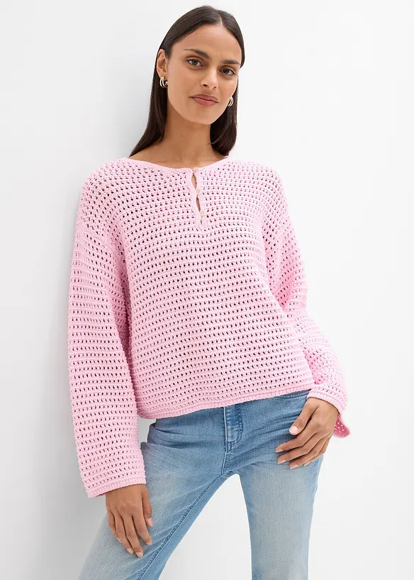 Boxy Ajour-Pullover aus reiner Baumwolle in rosa von vorne (im Anschnitt) - bonprix