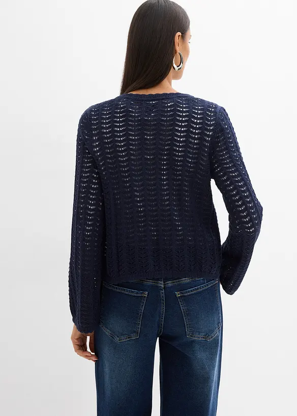 Strickjacke mit Lochmuster in blau von hinten (im Anschnitt) - bonprix