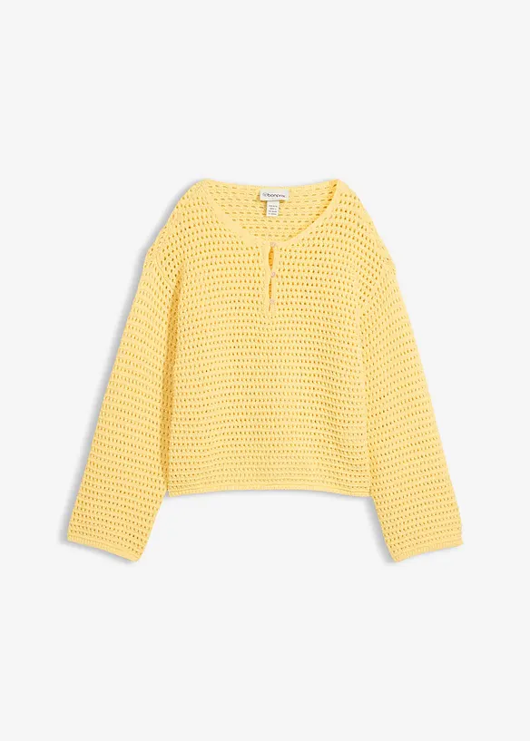 Boxy Ajour-Pullover aus reiner Baumwolle in gelb von vorne - bonprix
