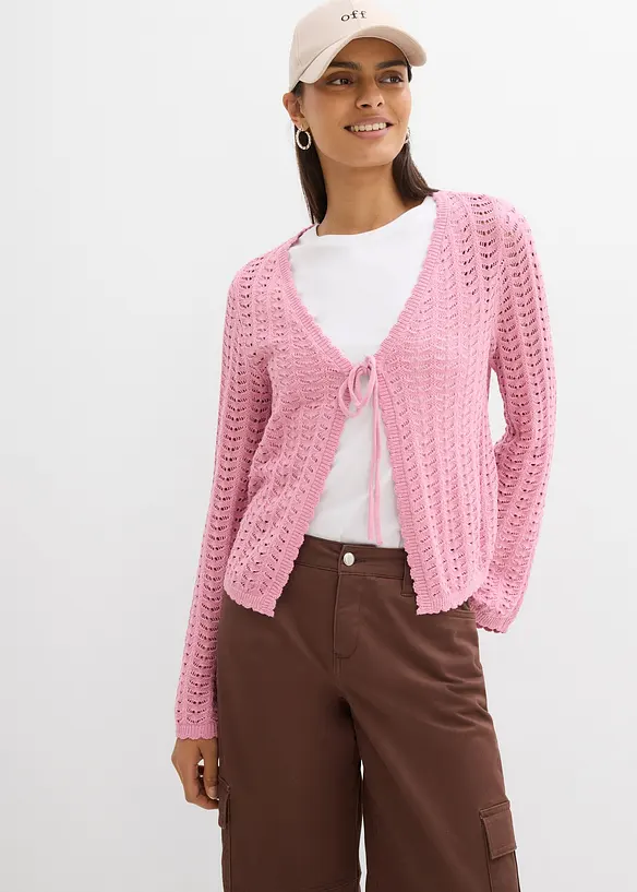 Strickjacke mit Lochmuster in rosa von vorne (im Anschnitt) - bonprix