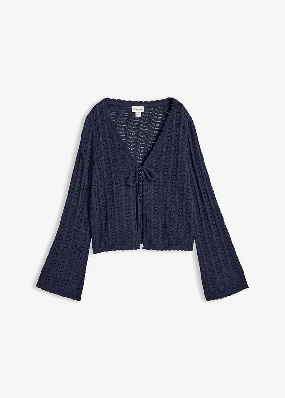 Strickjacke mit Lochmuster in blau von vorne - bonprix