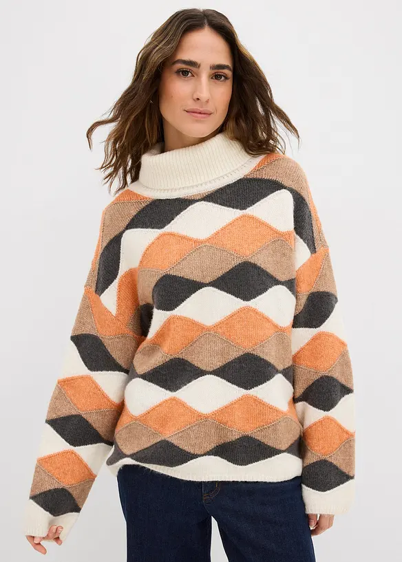 Rollkragenpullover mit Muster in beige von vorne (im Anschnitt) - bonprix