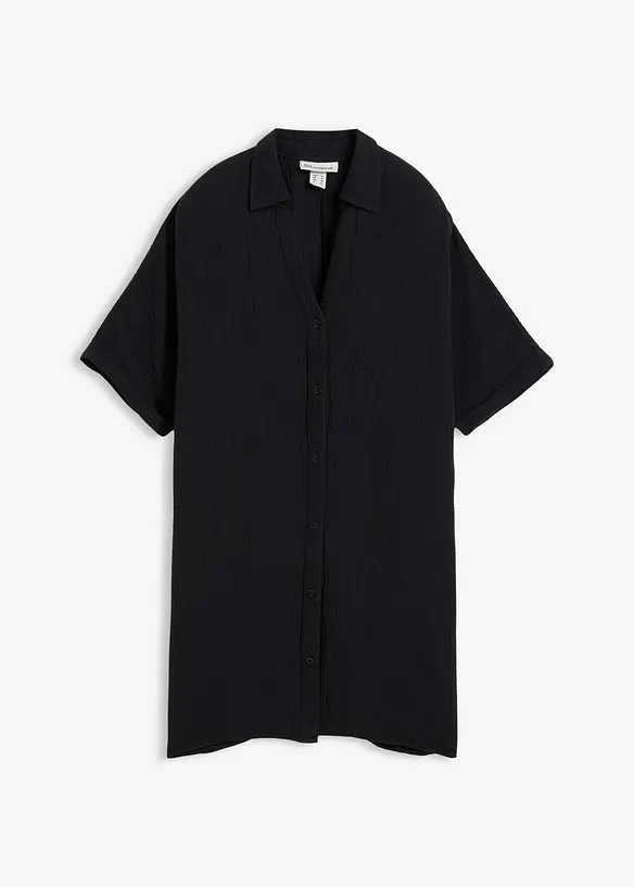 Musselin-Oversize-Longbluse aus reiner Baumwolle in schwarz von vorne - bonprix