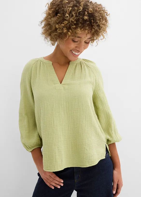 Musselin-Oversize-Bluse aus reiner Baumwolle in grün von vorne (im Anschnitt) - bonprix Musselin-Oversize-Bluse aus reiner Baumwolle in grün von vorne (im Anschnitt) - bonprix