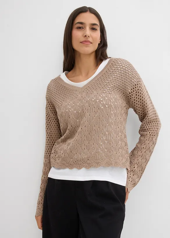 Leichter Ajour-Pullover in braun von vorne (im Anschnitt) - bonprix