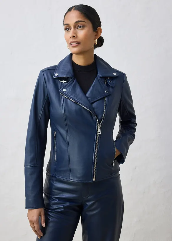 Bikerjacke aus Nappaleder in blau von vorne (im Anschnitt) - bonprix