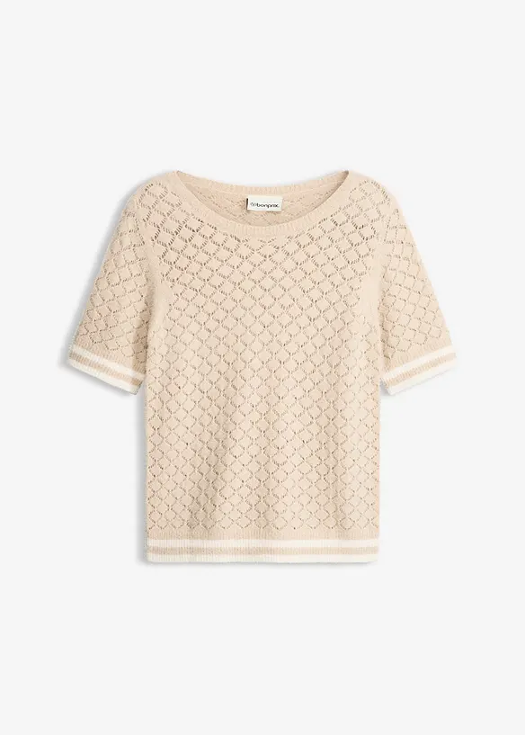 Ajour-Pullover mit Federgarn in beige von vorne - bonprix