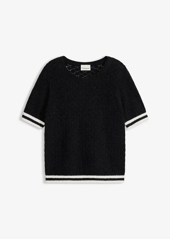 Ajour-Pullover mit Federgarn in schwarz von vorne - bonprix