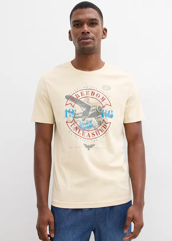 T-Shirt aus reiner Bio-Baumwolle in beige von vorne (im Anschnitt) - bonprix