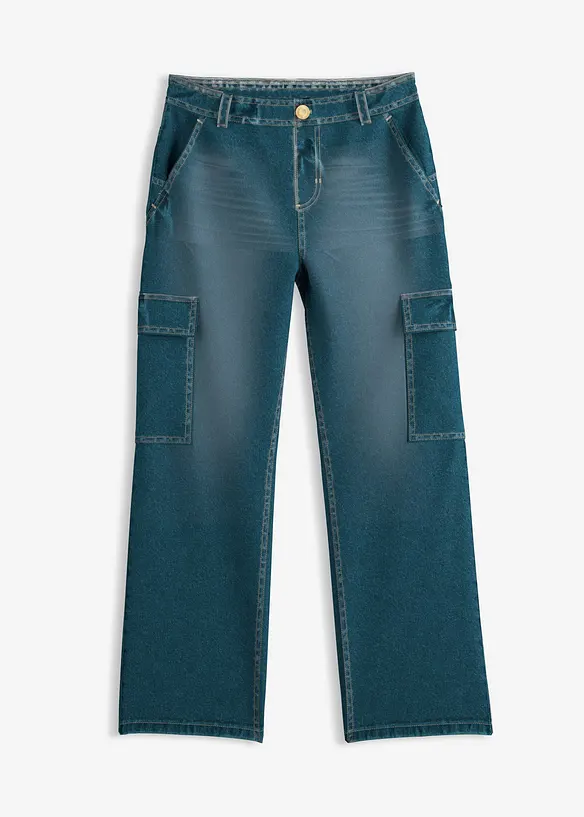 Weite Cargo-Jeans Mid Waist in blau von vorne - bonprix