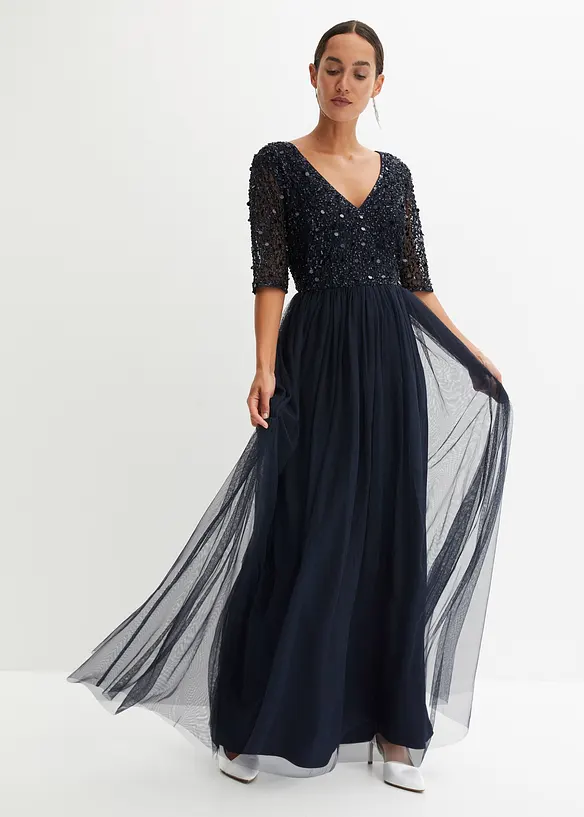 Abendkleid aus zartem Tüll mit Paillettenstickerei in blau von vorne (Totalaufnahme) - bonprix