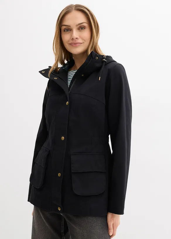 wasserabweisende Jacke mit Karo-Futter in schwarz von vorne (im Anschnitt) - bonprix