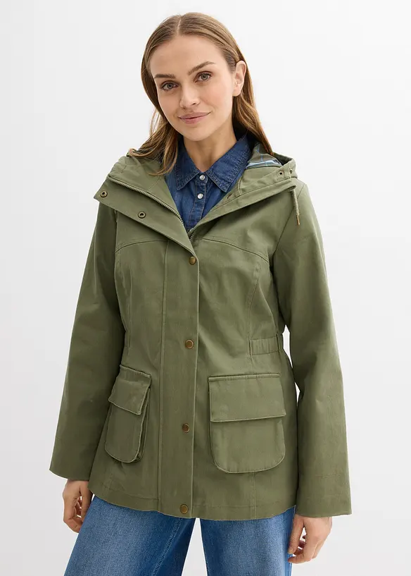 wasserabweisende Jacke mit Karo-Futter in grün von vorne (im Anschnitt) - bonprix