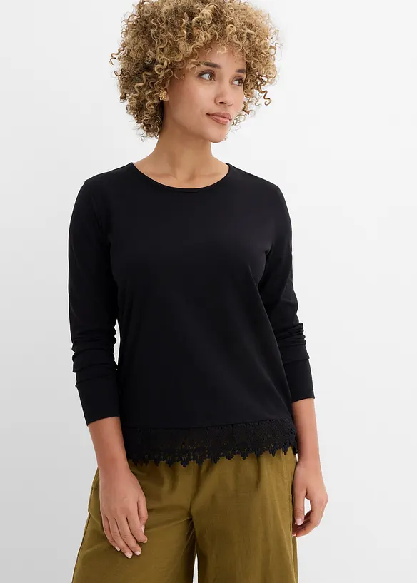 Langarmshirt aus reiner Baumwolle (2er Pack) in schwarz von vorne (im Anschnitt) - bonprix