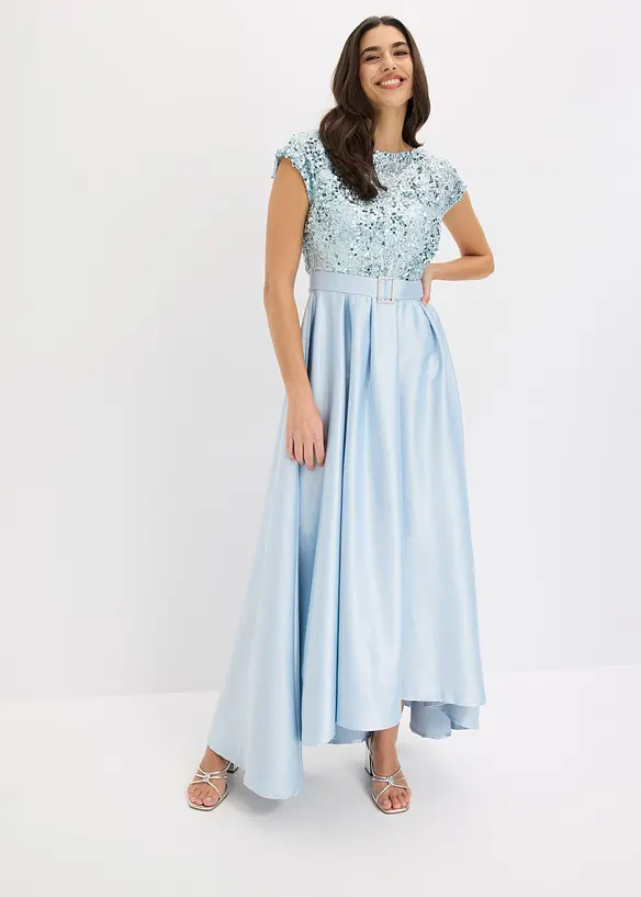 Abendkleid aus glänzendem Satin mit Pailletten in blau von vorne (Totalaufnahme) - bonprix Abendkleid aus glänzendem Satin mit Pailletten in blau von vorne (Totalaufnahme) - bonprix