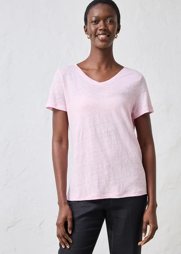 T-Shirt aus reinem Leinen in rosa von vorne (im Anschnitt) - bonprix