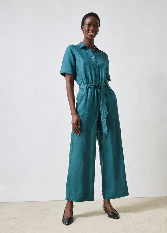 Jumpsuit aus reinem Leinen in petrol von vorne (Totalaufnahme) - bonprix