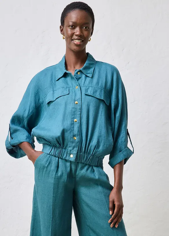 Blouson aus reinem Leinen in petrol von vorne (im Anschnitt) - bonprix
