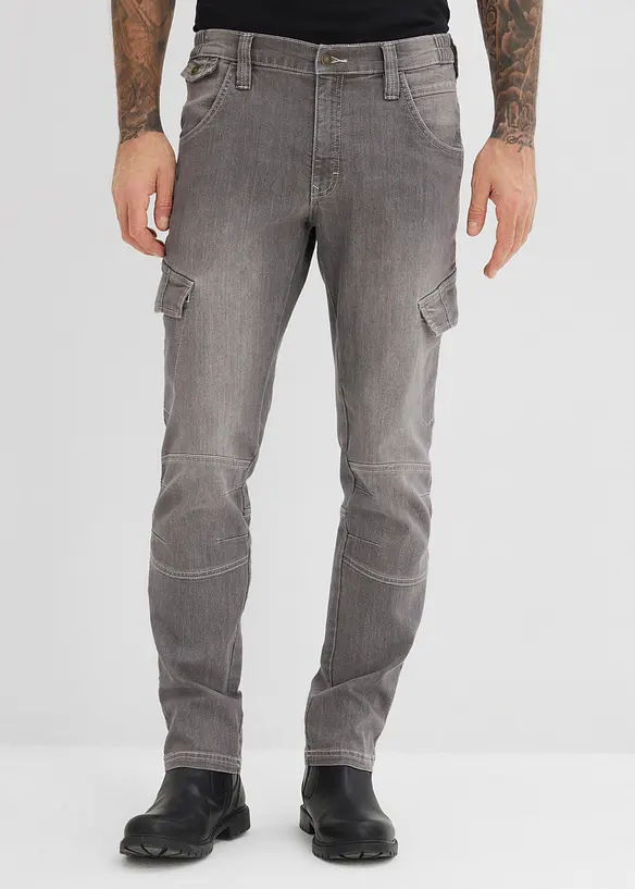 Leichte Regular Fit Cargo-Jeans mit Dehnbund, Straight in grau von vorne - bonprix