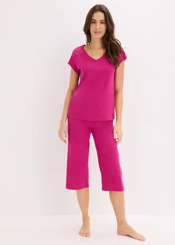Capri Pyjama mit weiter Culotte in pink im Look von vorne (Totalaufnahme) - bonprix