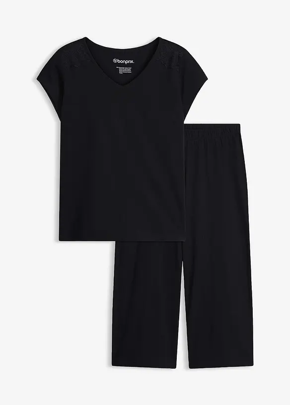 Capri Pyjama mit weiter Culotte in schwarz von vorne - bonprix