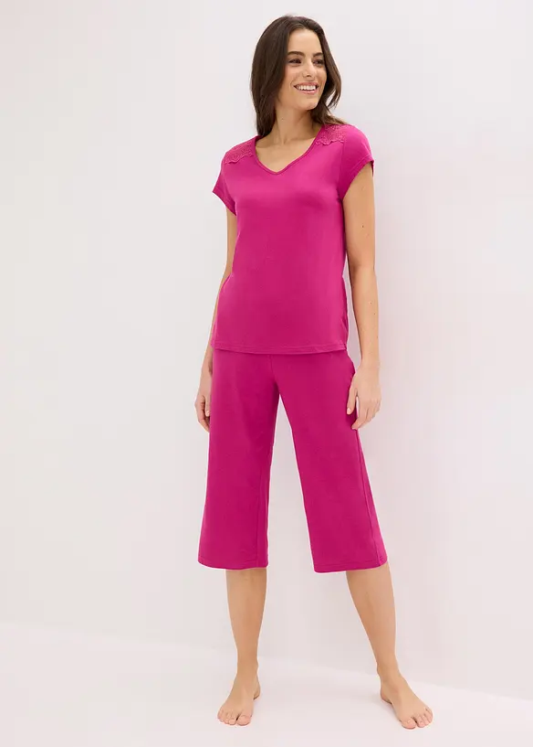 Capri Pyjama mit weiter Culotte in pink von vorne (Totalaufnahme) - bonprix