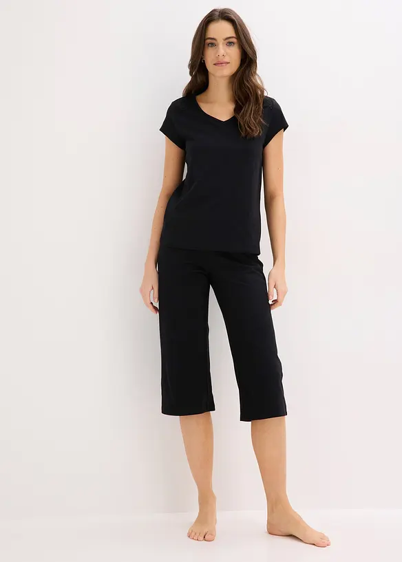 Capri Pyjama mit weiter Culotte in schwarz von vorne (Totalaufnahme) - bonprix