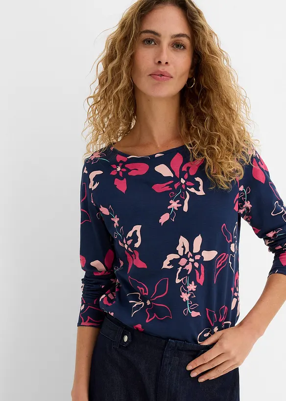 Langarmshirt aus reiner Baumwolle in blau von vorne (im Anschnitt) - bonprix