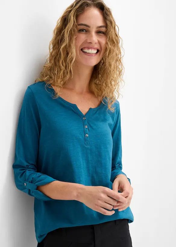Shirt mit Knopfleiste aus reiner Bio-Baumwolle in petrol von vorne (im Anschnitt) - bonprix