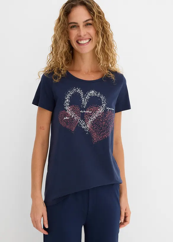 Shirt mit Herzdruck aus Bio-Baumwolle in blau von vorne (im Anschnitt) - bonprix