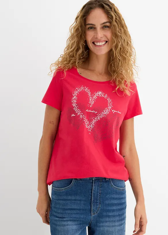 Shirt mit Herzdruck aus Bio-Baumwolle in rot von vorne (im Anschnitt) - bonprix