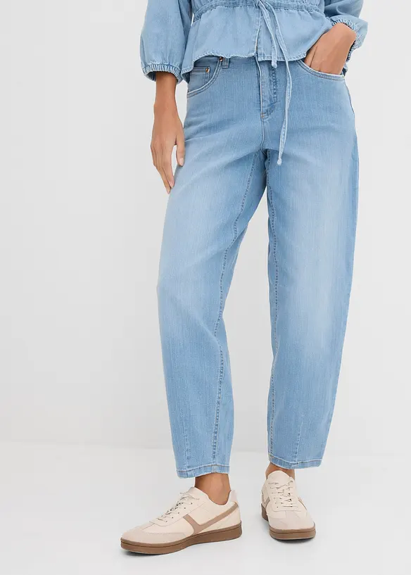 Barrel-Jeans High Waist, cropped in blau von vorne - bonprix