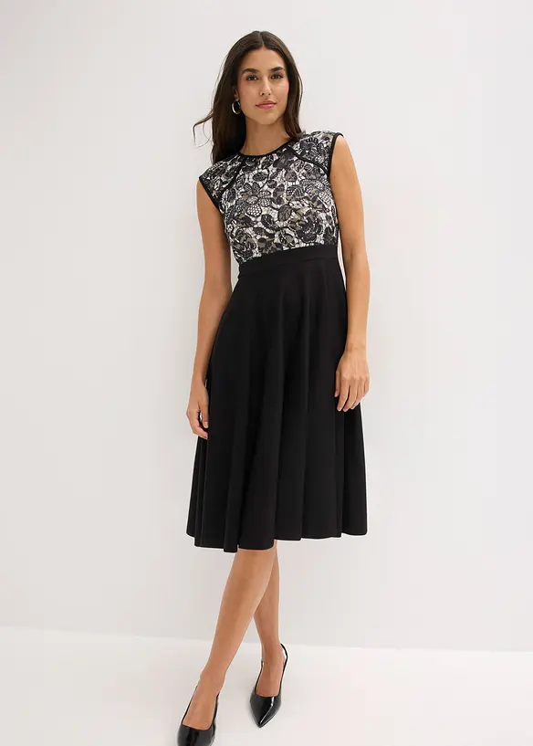 Midikleid mit Spitze in schwarz von vorne (Totalaufnahme) - bonprix