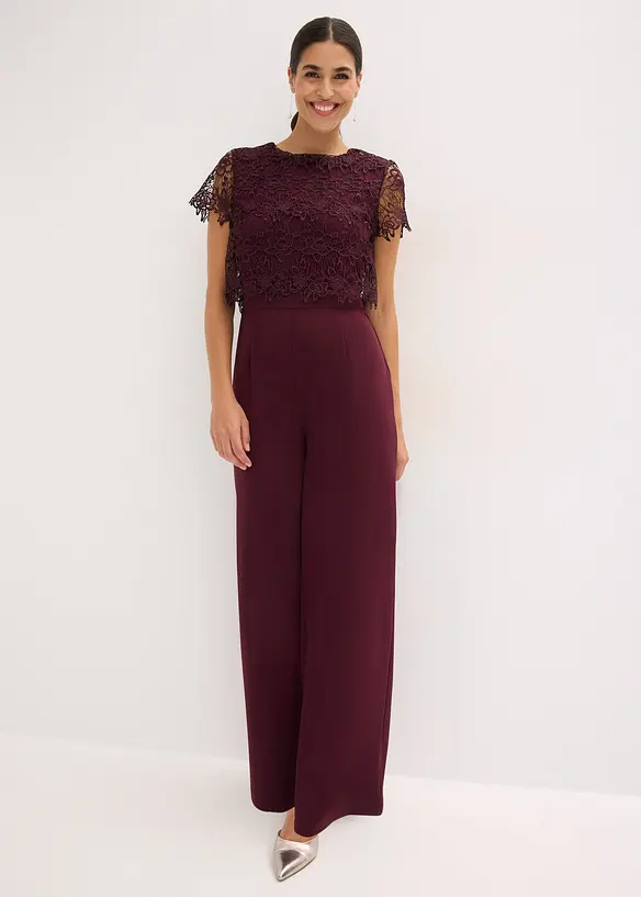 Jumpsuit aus softem Scuba mit Spitze in rot von vorne (Totalaufnahme) - bonprix