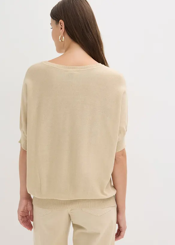 Feinstrickpullover aus Baumwoll-Mix in beige von hinten (im Anschnitt) - bonprix