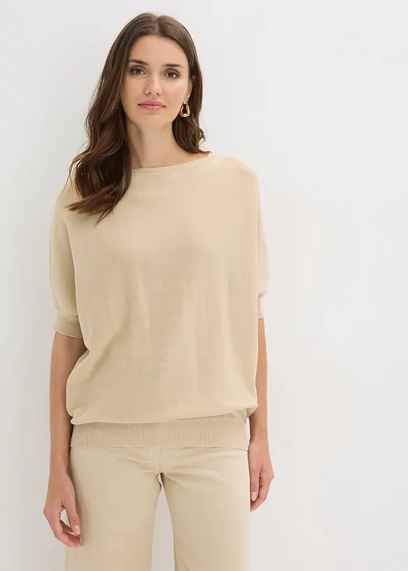 Feinstrickpullover aus Baumwoll-Mix in beige von vorne (im Anschnitt) - bonprix