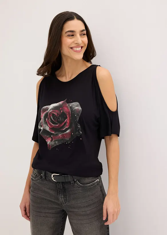 Cold-Shoulder-Shirt aus Viskose in schwarz von vorne (im Anschnitt) - bonprix